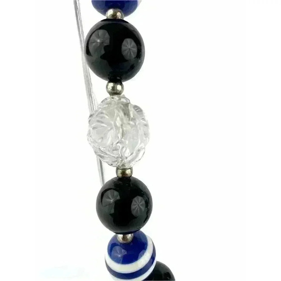Round Chunky Big Lucite Bead Necklace Blue Black Clear Floral Design Silver Tone - Picture 3 of 8